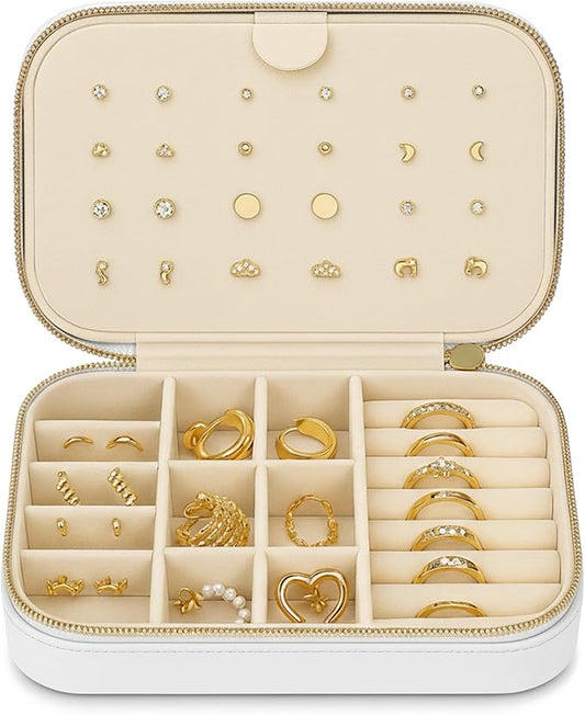 Small Travel Jewelry Box Organizer for women & Girls, Portable Small Travel Jewelry Case Organizer for Traveling, PU Leather Mini Box for Earrings, Necklaces, Rings, Bracelets - White