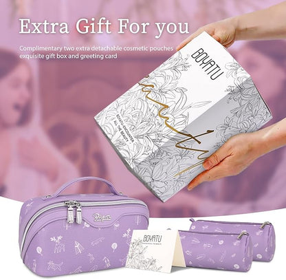 BOYATU Travel Makeup Bag Cosmetic Bags for Women: 3 Pcs Set Portable Make up Bag with Handle - Vegan Leather Toiletry Bags with Compartments - Makeup Organizer for Travel Essentials(L-3-Lilac)