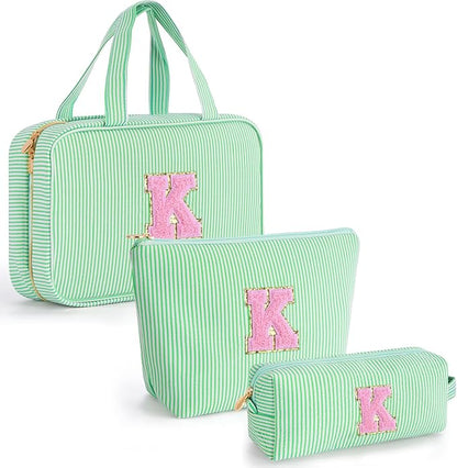 Teen Girl Gifts Trendy Stuff | Cute Toiletry Makeup Bag for Girls - Cosmetic Bags for Women | Initial Make Up Bag | Personalized Gifts for Women Friends | Skin Care Bag - Green K