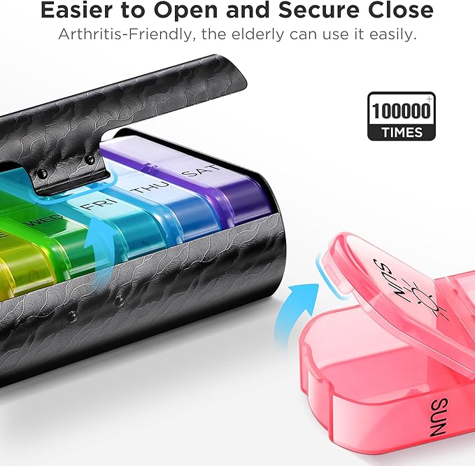 Zannaki Metal XL Weekly Pill Organizer 2 Times a Day, Large Travel Daily Pill Box 7 Day, Portable Week Twice Pill Holder Container, AM PM Pill Case for Medicine Vitamin Medication Supplement, Black