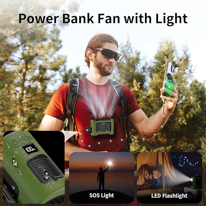 Socool 14500mAh Portable Waist Fan Clip on Wearable Belt Rechargeable Personal Fan, Dual Air Outlet, 40H Cooling 5-Speed Battery Operated Fans with Light, Neck Fan Hanging for Outdoor Camping Travel
