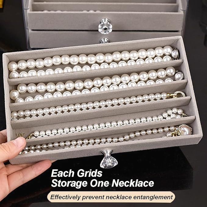 SPAKOWN Necklace Organizer Box, Velvet Necklace Box Holder Tray with Clear Lid Chains Showcase Stackable Necklace Storage for Pendant Bracelet (5 Drawers - Grey)