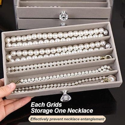 SPAKOWN Necklace Organizer Box, Velvet Necklace Box Holder Tray with Clear Lid Chains Showcase Stackable Necklace Storage for Pendant Bracelet (5 Drawers - Grey)