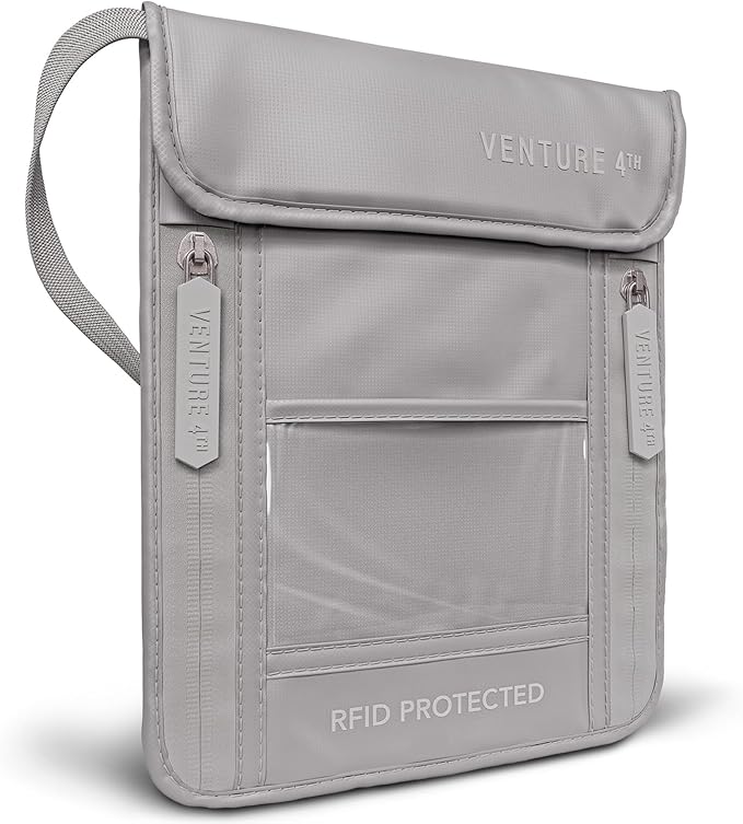 VENTURE 4TH Neck Wallet, RFID Blocking Passport Holder for Travel – Hidden Neck Pouch with 5 Compartments, Slim Lightweight Organizer with Adjustable Strap for Cash, Cards & Passport (Sleek Silver)