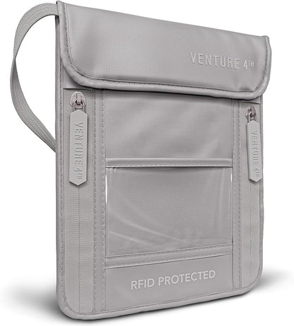 VENTURE 4TH Neck Wallet, RFID Blocking Passport Holder for Travel – Hidden Neck Pouch with 5 Compartments, Slim Lightweight Organizer with Adjustable Strap for Cash, Cards & Passport (Sleek Silver)