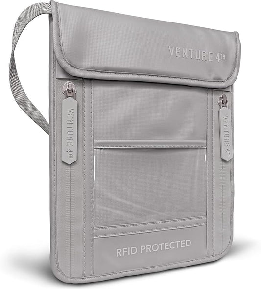 VENTURE 4TH Neck Wallet, RFID Blocking Passport Holder for Travel – Hidden Neck Pouch with 5 Compartments, Slim Lightweight Organizer with Adjustable Strap for Cash, Cards & Passport (Sleek Silver)
