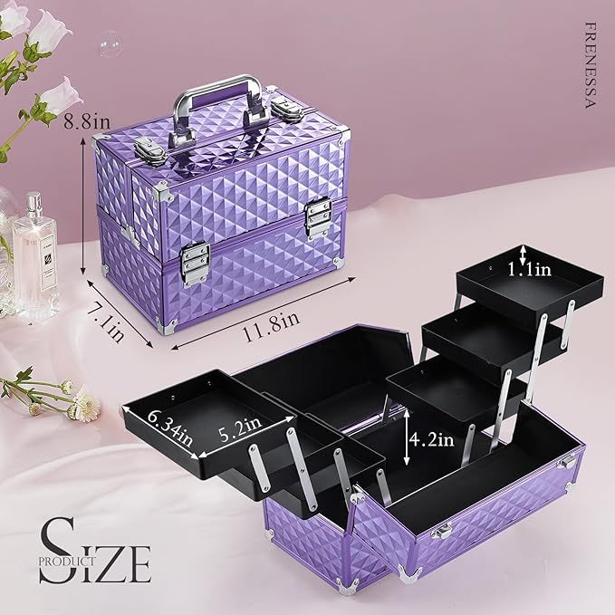 Frenessa Makeup Train Case 12 Inch Portable Cosmetic Case - 6 Tier Professional Makeup Storage Box Organiser Box Make Up Carrier with Lockable Keys Travel Case for Women and Girls - Purple