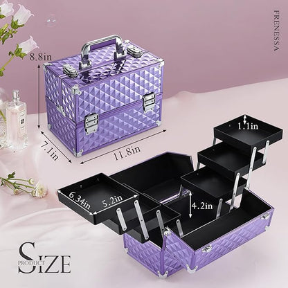 Frenessa Makeup Train Case 12 Inch Portable Cosmetic Case - 6 Tier Professional Makeup Storage Box Organiser Box Make Up Carrier with Lockable Keys Travel Case for Women and Girls - Purple