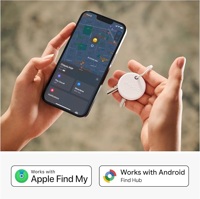 Chipolo POP Tracker Tag - Colorful, Compatible, Loud Bluetooth Tracker with Call Your Phone & Out of Range Alert, Works with Apple Find My or Google's Find My Device (White)