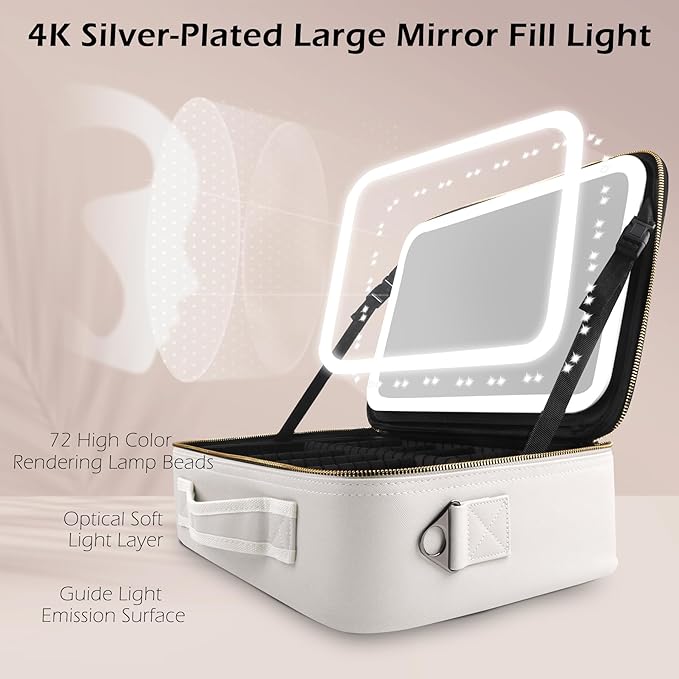 MOMIRA Travel Makeup Bag Cosmetic Bag Makeup Organizer Bag with Lighted Mirror, Adjustable Brightness in 3 Color Scenarios, Waterproof Makeup Train Case, Gift for Women - Khaki (Large)