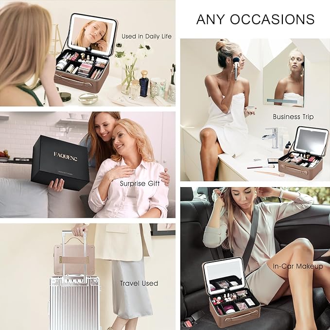 Leather Makeup Case with LED Lighted Mirror 11.4 Inch Travel Makeup Bag Adjustable Brightness in 3 Colors Cosmetic Organizer Artist Storage Bag with Dividers Brush Holder Bag Vanity Champagne Gold