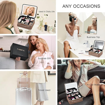 Leather Makeup Case with LED Lighted Mirror 11.4 Inch Travel Makeup Bag Adjustable Brightness in 3 Colors Cosmetic Organizer Artist Storage Bag with Dividers Brush Holder Bag Vanity Champagne Gold