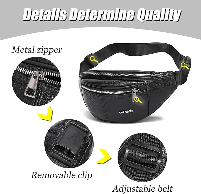 Black Fanny Pack for Men Genuine Leather Waist Bag Multiple Pockets Metal Zippers Belt Bag for Travel Hiking Cycling Fishing