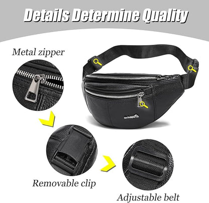Black Fanny Pack for Men Genuine Leather Waist Bag Multiple Pockets Metal Zippers Belt Bag for Travel Hiking Cycling Fishing