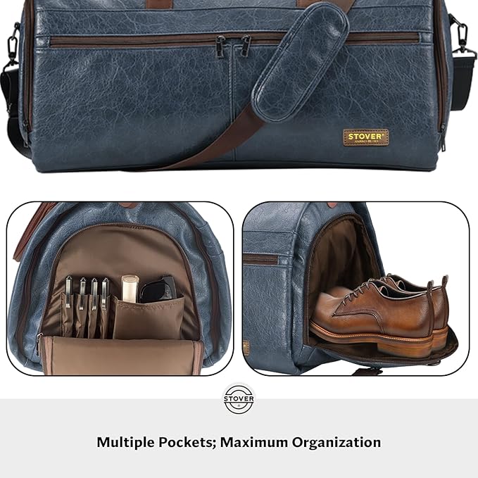 STOVER Garment Travel Duffle Bag, Large 2-in-1 Convertible Carry-on Luggage for Men & Women- Hanging Suits, Dresses & Clothes + Shoe Compartment- Weekender Tote Combo Duffel (Blue Leatherette)