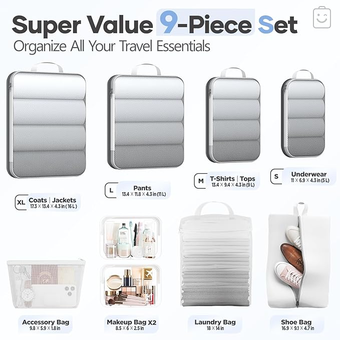 Veken 9/11 Set Compression Packing Cubes for Travel Essentials,Compressible Expandable Large Luggage Suitcase Organizer Bags for Clothing,Durable Space Saver Storage Bags with Toiletry Bags(White)