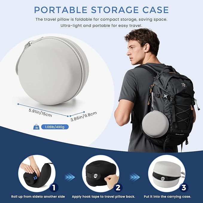 Travel Neck Pillow for Airplane, Neck Travel Pillow, Upgraded Soft 100% Pure Memory Foam - Lightweight and Stowable - Ergonomic Design for Long Flights, Car, Train, Office Use