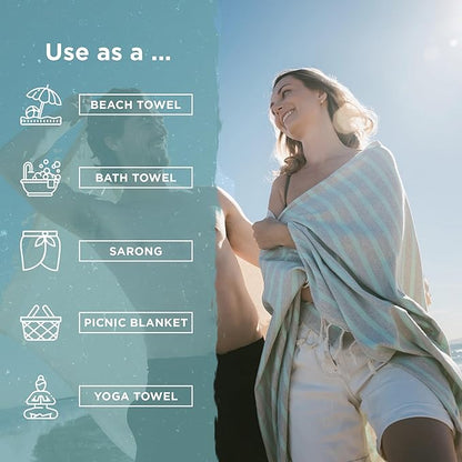 Large Turkish Beach Towel, Striped Light Grey & Mint - 37'' x 67'' - Super Soft & Lightweight - Quick Dry Sand Free Travel Towels for Beach or Bath - Gifts