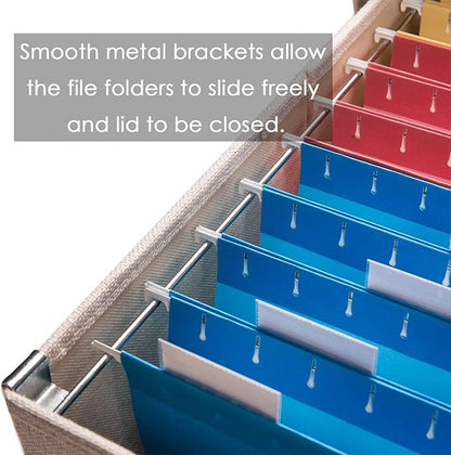 PRANDOM File Organizer Box - Set of 4 Collapsible Decorative Linen Filing Storage Hanging File Folders with Lids Office Cabinet Letter/Legal Size Light Grey (17x14x11.2 inch)