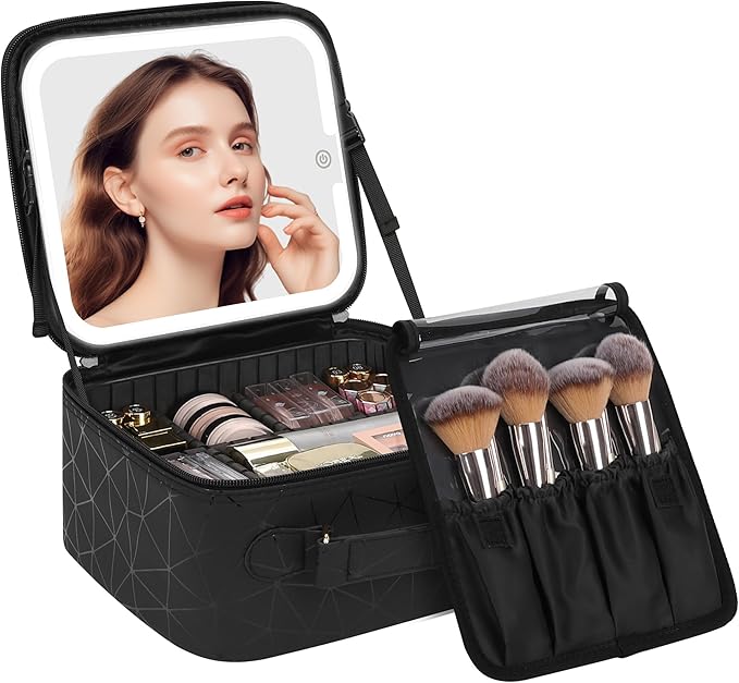 Chomeiu Makeup Bag with LED Mirror, Cute Cosmetic Bags Birthday Gifts for Girls Women, Makeup Train Case Artists Organizer Large Make Up Bags with Light Up Mirror 3 Color Lights, Black Geometric