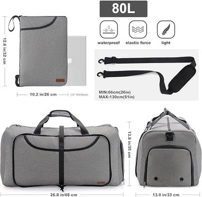 80L Duffle Bag for Travel, Large Foldable Waterproof Travel Duffel Bags Weekender Overnight Bag for Men and Women with Shoe Compartment (Gray)