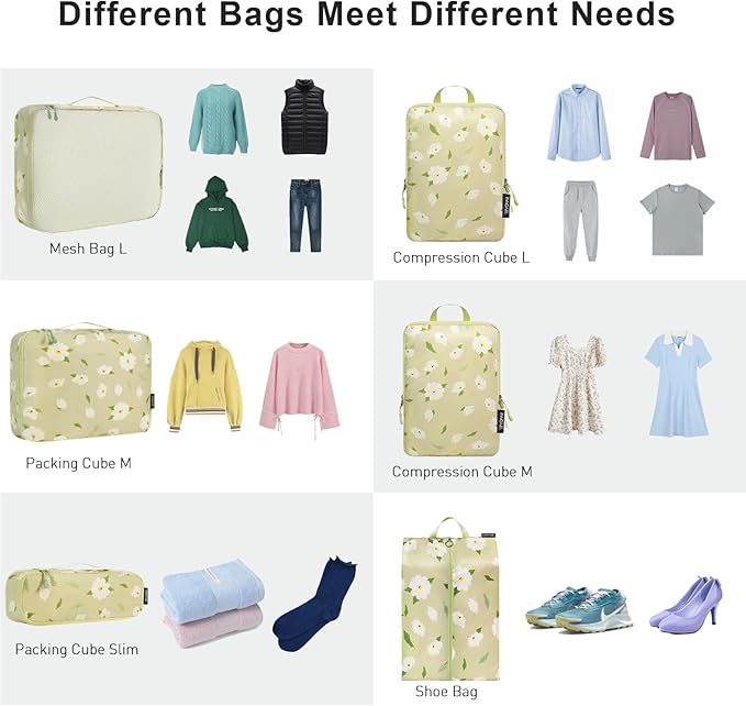 Bagail Ultralight Compression Cubes 7 Set - 3 Packing Cubes, 3 Organizers, and 1 Shoe Bag