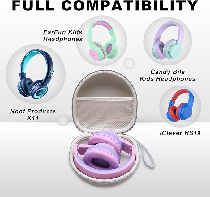 Kids Headphones Case Compatible with iClever BTH12 / BTH20/ BTH26/HS19, JoySpark, Candy Bila, EarFun, MIDOLA, IMYB Foldable Kids Headphones, Cream Travel Storage Bag(Case Only)