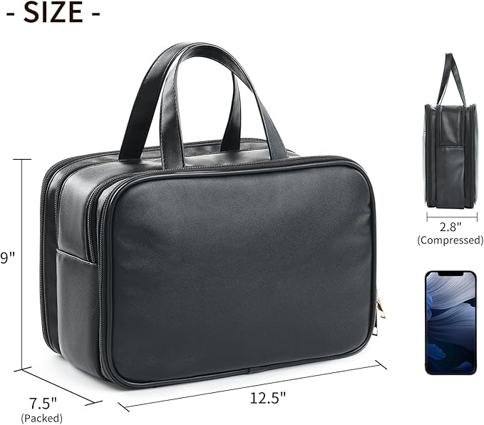 Large Travel Toiletry Bag with Makeup Brush Holder, 25 Pockets, Double Reinforced Handles & Luggage Sleeve, Waterproof PU Leather Cosmetic Organizer (Black)