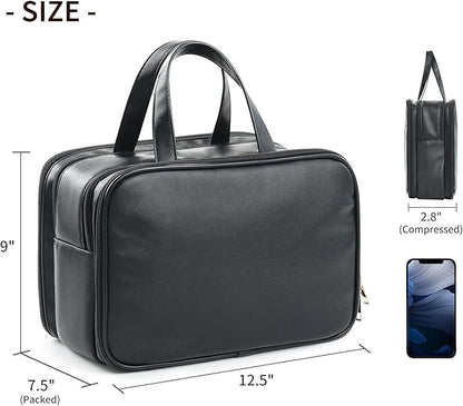 Large Travel Toiletry Bag with Makeup Brush Holder, 25 Pockets, Double Reinforced Handles & Luggage Sleeve, Waterproof PU Leather Cosmetic Organizer (Black)