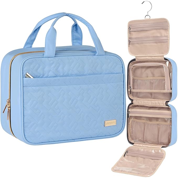 NISHEL Travel Toiletry Bag for women, Portable Hanging Organizer for Travel-Sized Shampoo, Conditioner, Brushes Set, Makeup Accessories, Medium Size, Placid-Blue