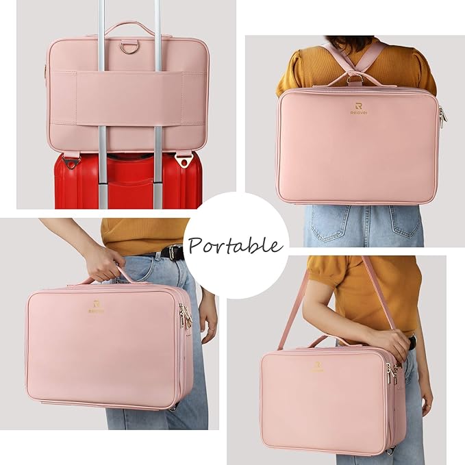Relavel Makeup Case Large Makeup Bag Professional Train Case 16.5 inches Travel Cosmetic Organizer Brush Holder Waterproof Makeup Artist Storage Box, 3 Layer Large with Adjustable Strap (Pink)