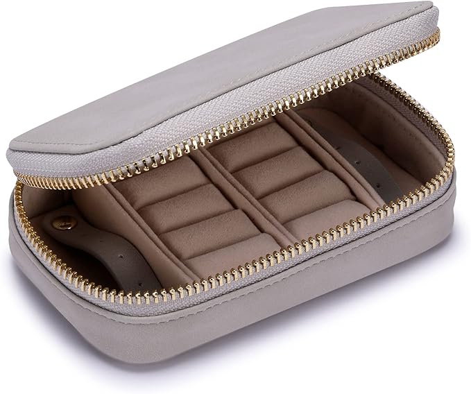 HISCOW Vegan Leather Travel Jewelry Case with Zipper - Portable Necklace & Earring Holder Organizer for Women Girls, Velvet-Lined Ring Box with Anti-Tarnish Design, Stone