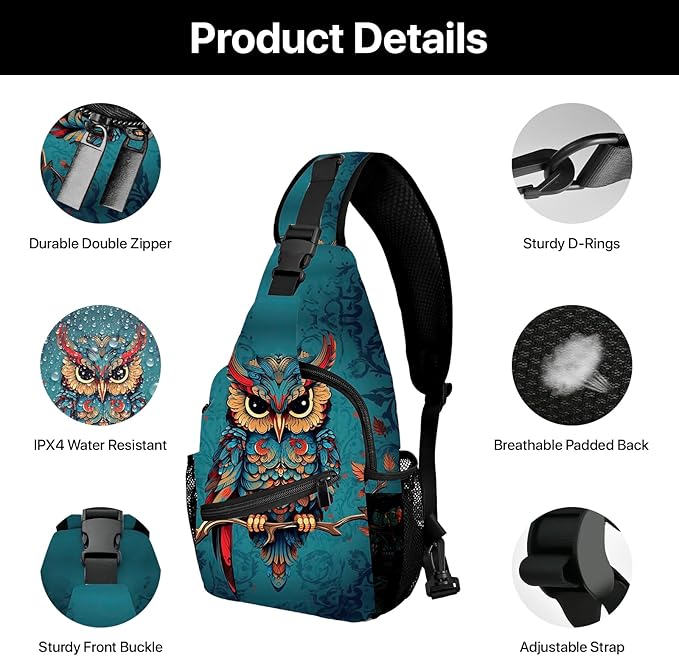 Owl Sling Bag Travel Sling Backpack Lightweight Casual Daypack Women Chest Bags for Outdoor Sport Climbing Runners