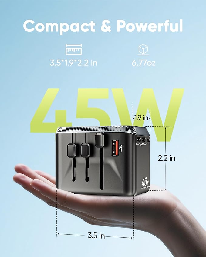 Universal Travel Adapter, 45W International Power Adapter with 4 USB-C & 1 USB-A Ports, European Travel Plug Adapter, Worldwide Travel Essentials for EU UK AUS USA