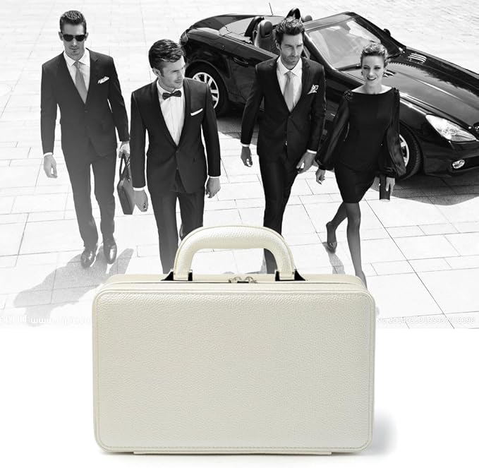 Oirlv White Leather Jewelry Suitcase for Women Three Layer Jewelry Organizer Display Storage Case Holder for Rings Earrings Necklace Pendant Vintage Gift