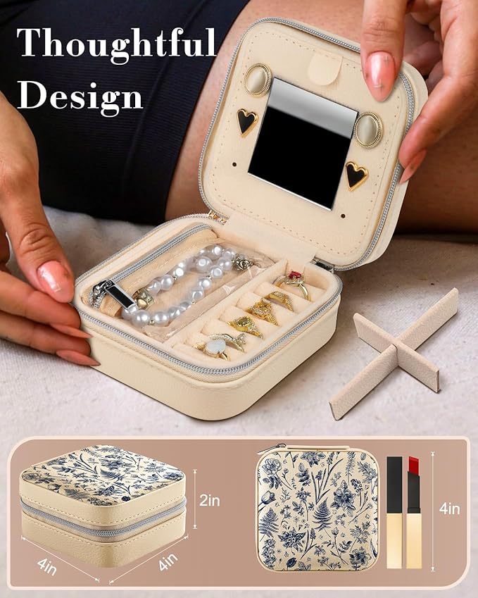 Bistup Travel Jewelry Case - Small Jewelry Organizers and Storage Box for Women Girls Teens Cute Traveling Jewelry Holder with Mirror Little Tiny Compact Modern Unique Aesthetic Pretty, Blue Floral