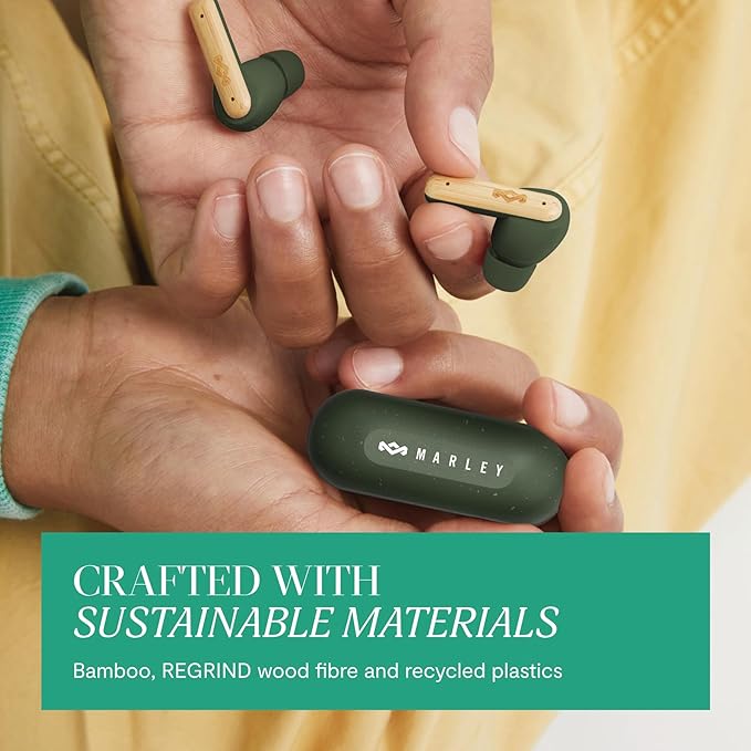 House of Marley Little Bird True Wireless Earbuds, Touch Controls, Built-in Mic, 24 Hours Playtime with Case, USB-C Quick Charge, Sustainable Materials, Movie and Gaming Mode (Green)