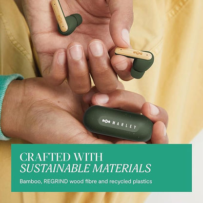 House of Marley Little Bird True Wireless Earbuds, Touch Controls, Built-in Mic, 24 Hours Playtime with Case, USB-C Quick Charge, Sustainable Materials, Movie and Gaming Mode (Green)