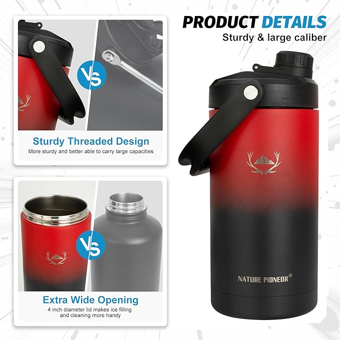 NATURE PIONEOR Insulated Water Bottles with Strap - 64 oz Stainless Steel Vacuum Wide Mouth Bottle with Holder/Carrier/Sleeve - 18/8 Food Grade 64oz Half Gallon Water Jug