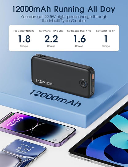 22.5W Super Fast Charging Portable Charger with Wall Plug,12000mAh USB-C Power Bank Built-in 2 Cable, Lightweight Phone Charger Travel Battery Pack for All iPhone, Samsung, Tablets