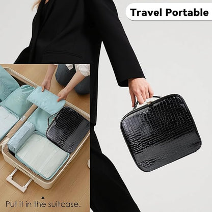 Travel Makeup Bag Makeup Cosmetic Train Case Organizer Portable Storage Bag with Adjustable Dividers for Cosmetics Makeup Brushes Toiletry Jewelry Black Crocodile Pattern