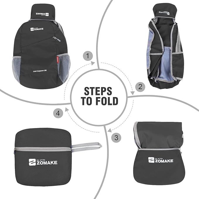 ZOMAKE Lightweight Packable Backpack 20L, Foldable Backpacks Small Daypack for Hiking Water Resistant Day Bag for Travel(Black)