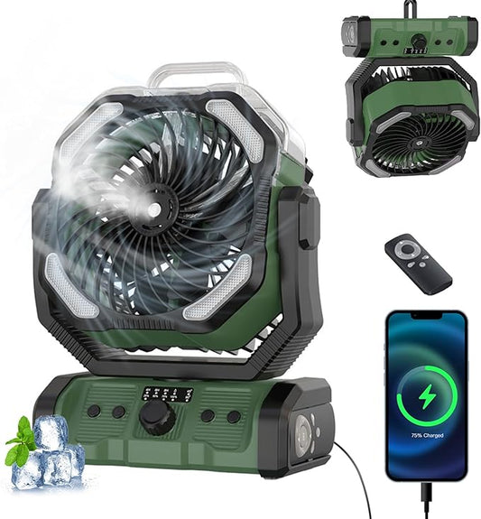 Portable Misting Fan with LED Light & 20000mAh Power Bank - Rechargeable Camping Fan with Remote, Spotless Speeds & 360° Pivot Hook for Outdoor, Hurricane, RV, Power Outages