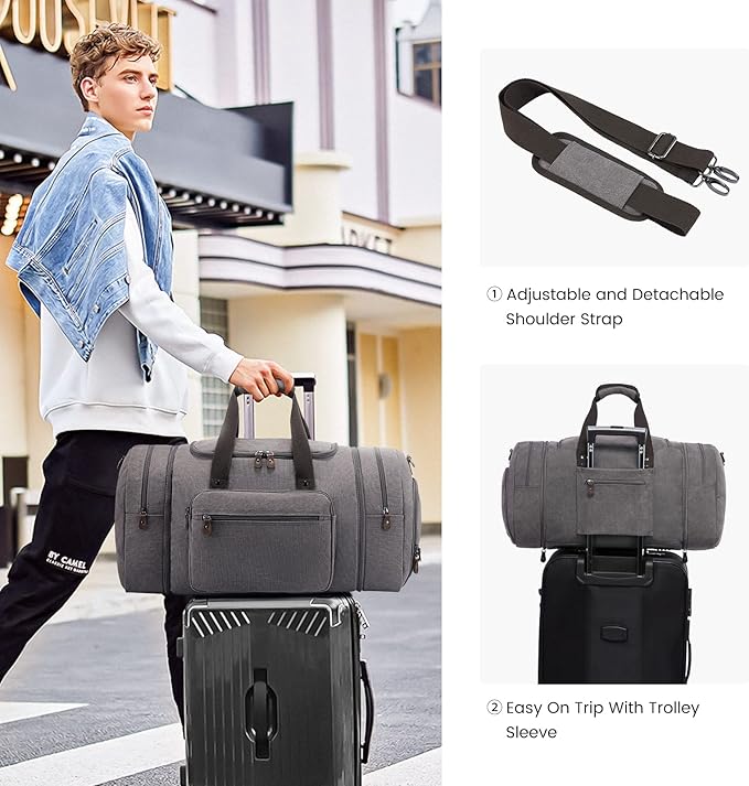 Sucipi Canvas Travel Duffel Bag for Men, Weekend Overnight Bag with Shoe Compartment and Toiletry Bag, Carry-On for Airplanes, Graphite Grey