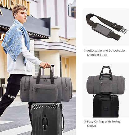 Sucipi Canvas Travel Duffel Bag for Men, Weekend Overnight Bag with Shoe Compartment and Toiletry Bag, Carry-On for Airplanes, Graphite Grey