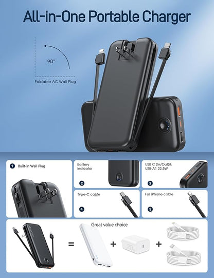 22.5W Super Fast Charging Portable Charger with Wall Plug,12000mAh USB-C Power Bank Built-in 2 Cable, Lightweight Phone Charger Travel Battery Pack for All iPhone, Samsung, Tablets