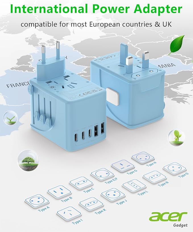 Acer Universal Travel Plug Adapter - International Power Adapter with 5 USB Ports (3 USB C) 5.8A, Worldwide Outlet Charger for USA to European UK France Germany Spain, Type C/E/F/G/I/L/A, Blue