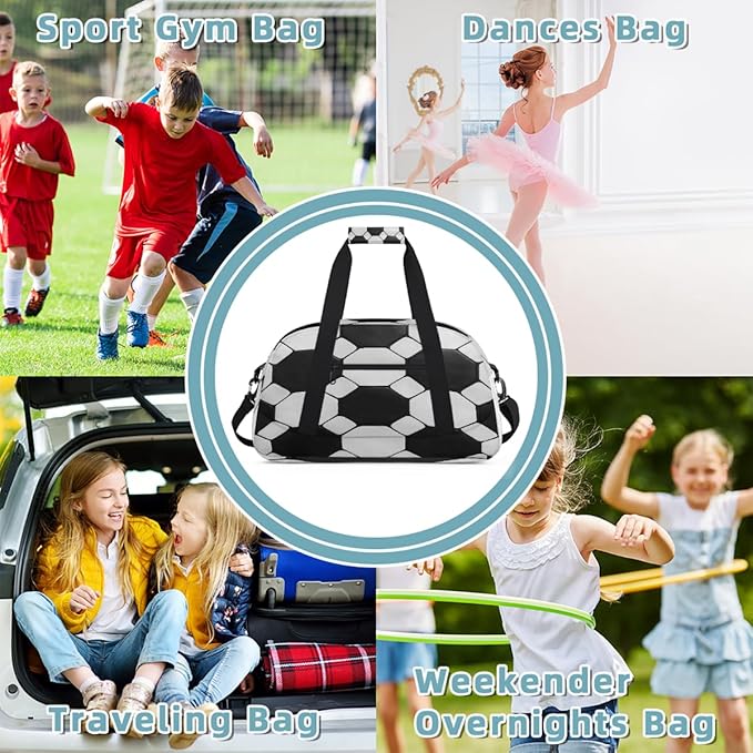 Kids Duffle Bag Girls Boys Black White Soccer Ball Sports Texture Weekender Overnight Bag,Lightweight Duffel Bags for Traveling Gym Sport Dance