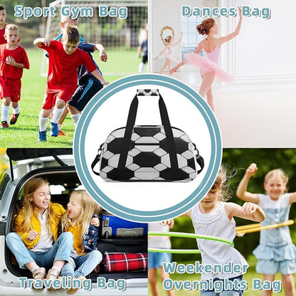 Kids Duffle Bag Girls Boys Black White Soccer Ball Sports Texture Weekender Overnight Bag,Lightweight Duffel Bags for Traveling Gym Sport Dance