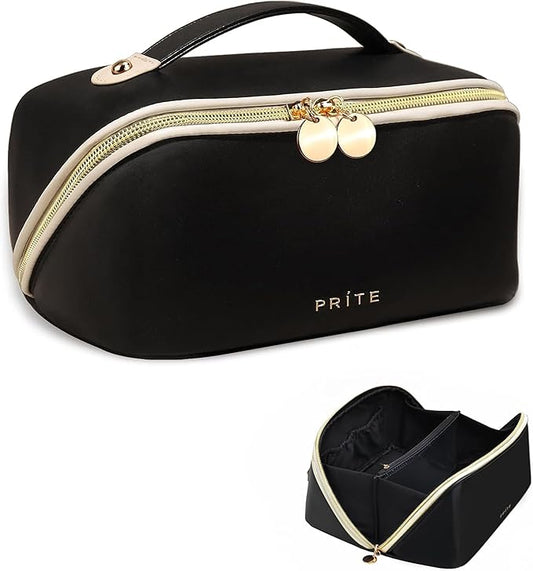 Prite Makeup Bag for Women Travel Waterproof Vegan Leather Cosmetic Bag Open Flat Toiletry Bag With Clear Divider and Handle (Large Black)